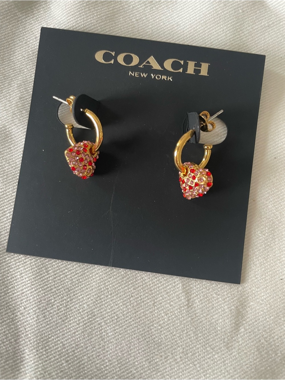 COACH Gold Hoop Earrings with Red Crystal Heart Charms - Picture 2 of 4